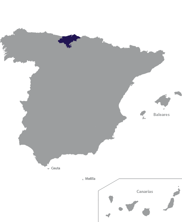 Landkaart Spanje grijs met regio Cantabrië donkerblauw op transparante achtergrond - 600 * 733 pixels